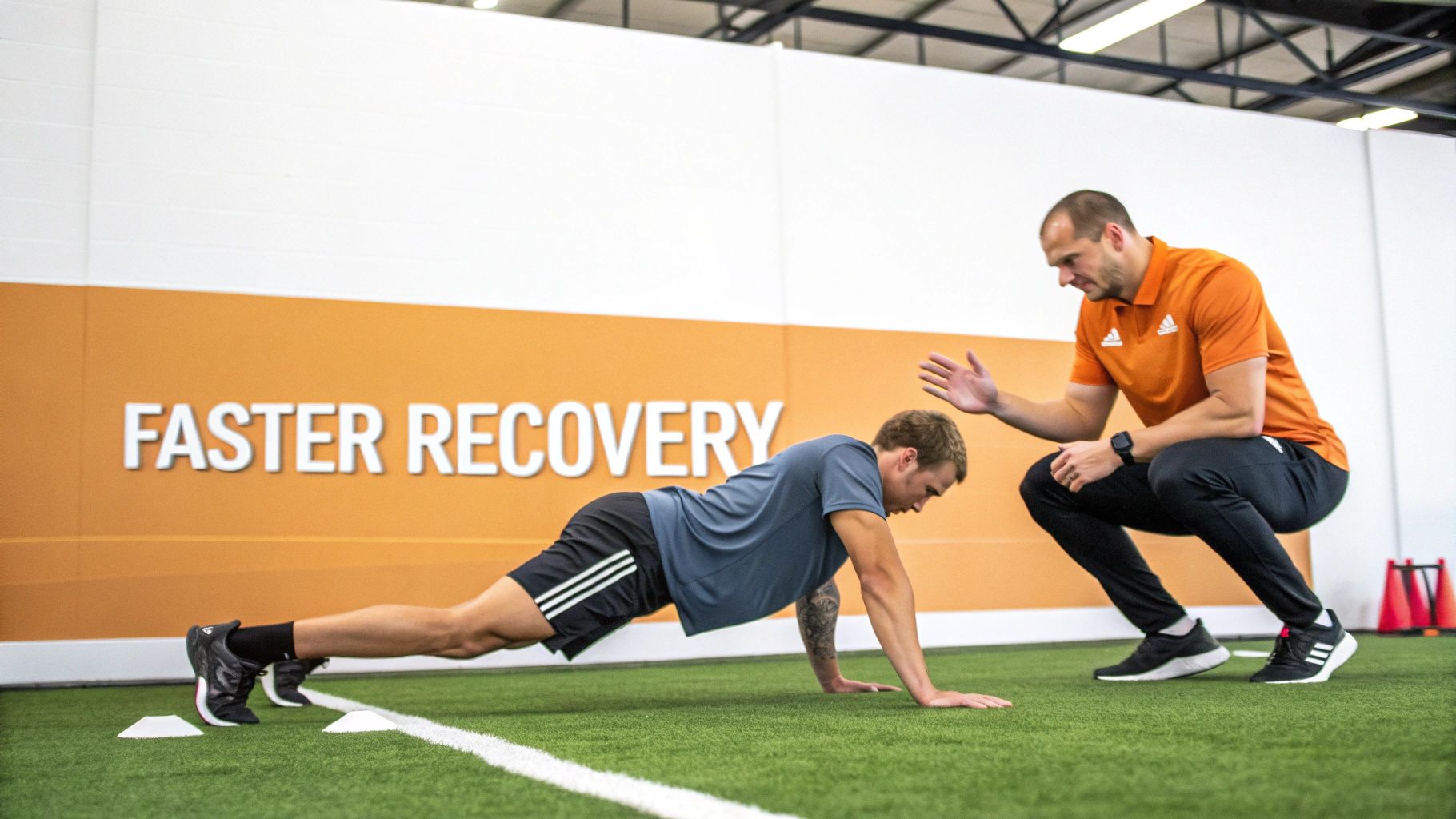 A trainer supervises a man performing a plank exercise on artificial turf, promoting faster recovery.
