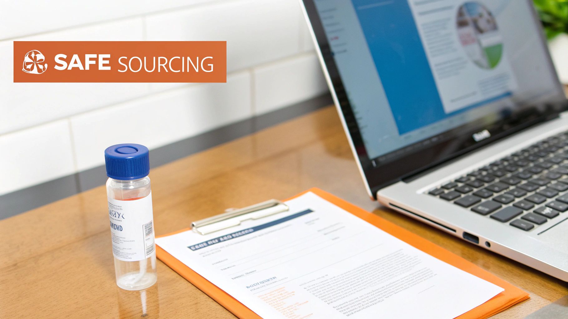 A desk with a laptop displaying charts, a document on a clipboard, a bottle, and a 'SAFE SOURCING' banner.