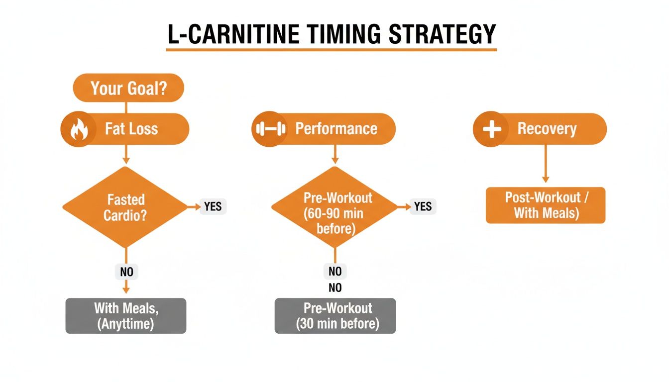 Flowchart detailing optimal L-Carnitine timing based on fitness goals like fat loss, performance, and recovery.