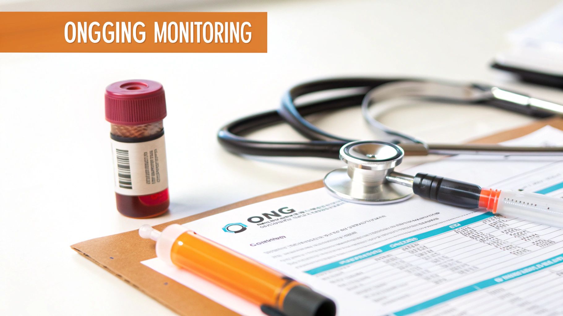 Medical desk setup with a blood sample, stethoscope, and report, symbolizing ongoing patient monitoring.