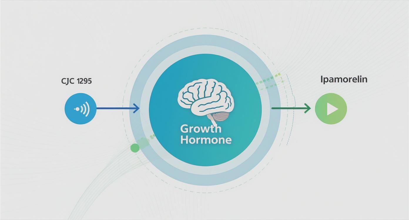 Diagram showing CJC 1295 and Ipamorelin stimulating growth hormone production in the brain