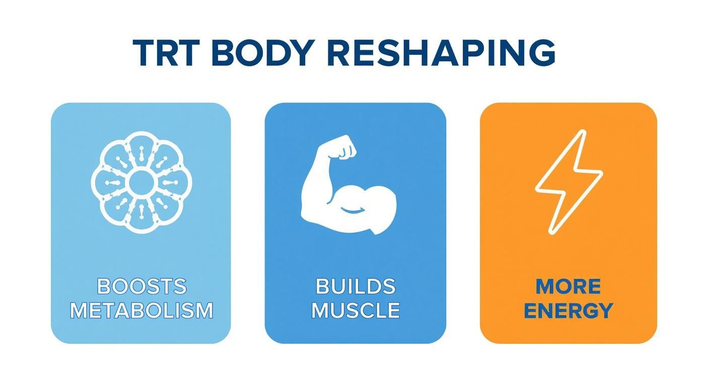 An infographic detailing TRT body reshaping benefits, including boosted metabolism, increased muscle, and more energy.