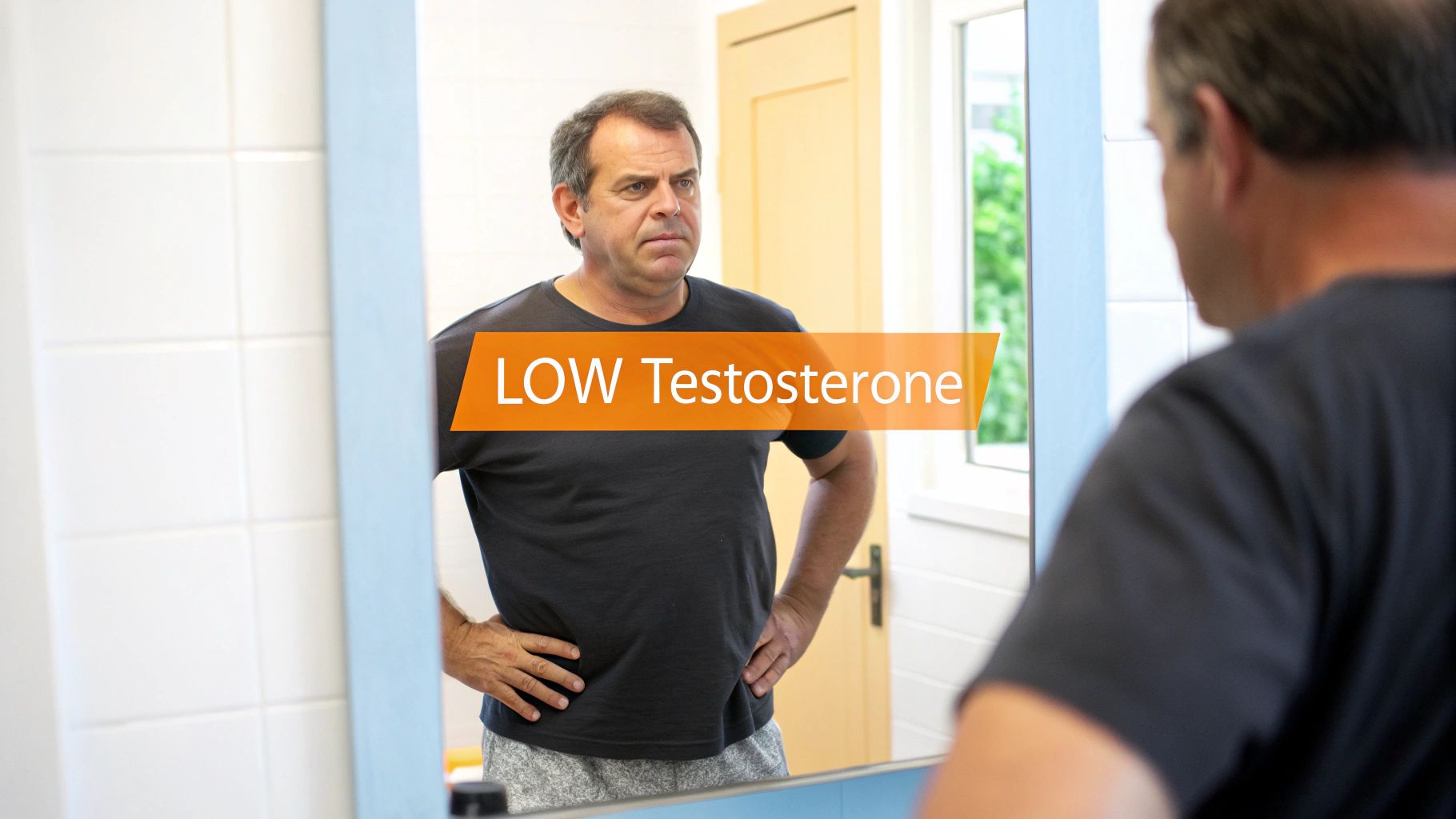 A man looking at his reflection in a gym mirror, appearing tired and frustrated with his lack of progress.