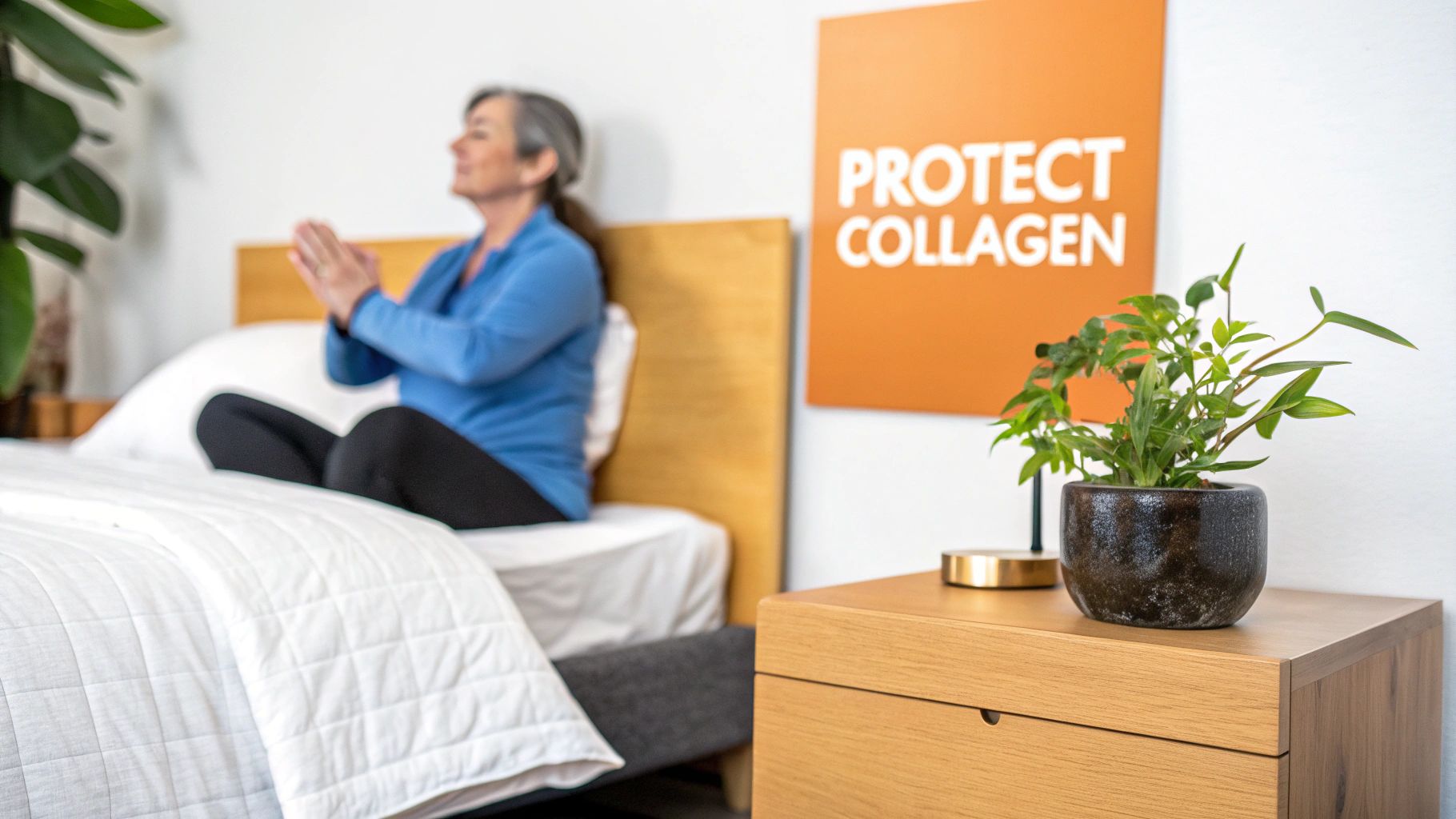 A person sleeping peacefully in a comfortable, dimly lit bedroom.