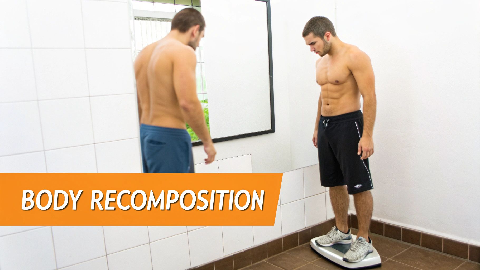 A muscular man stands shirtless on a body composition scale, looking down at his fitness progress.