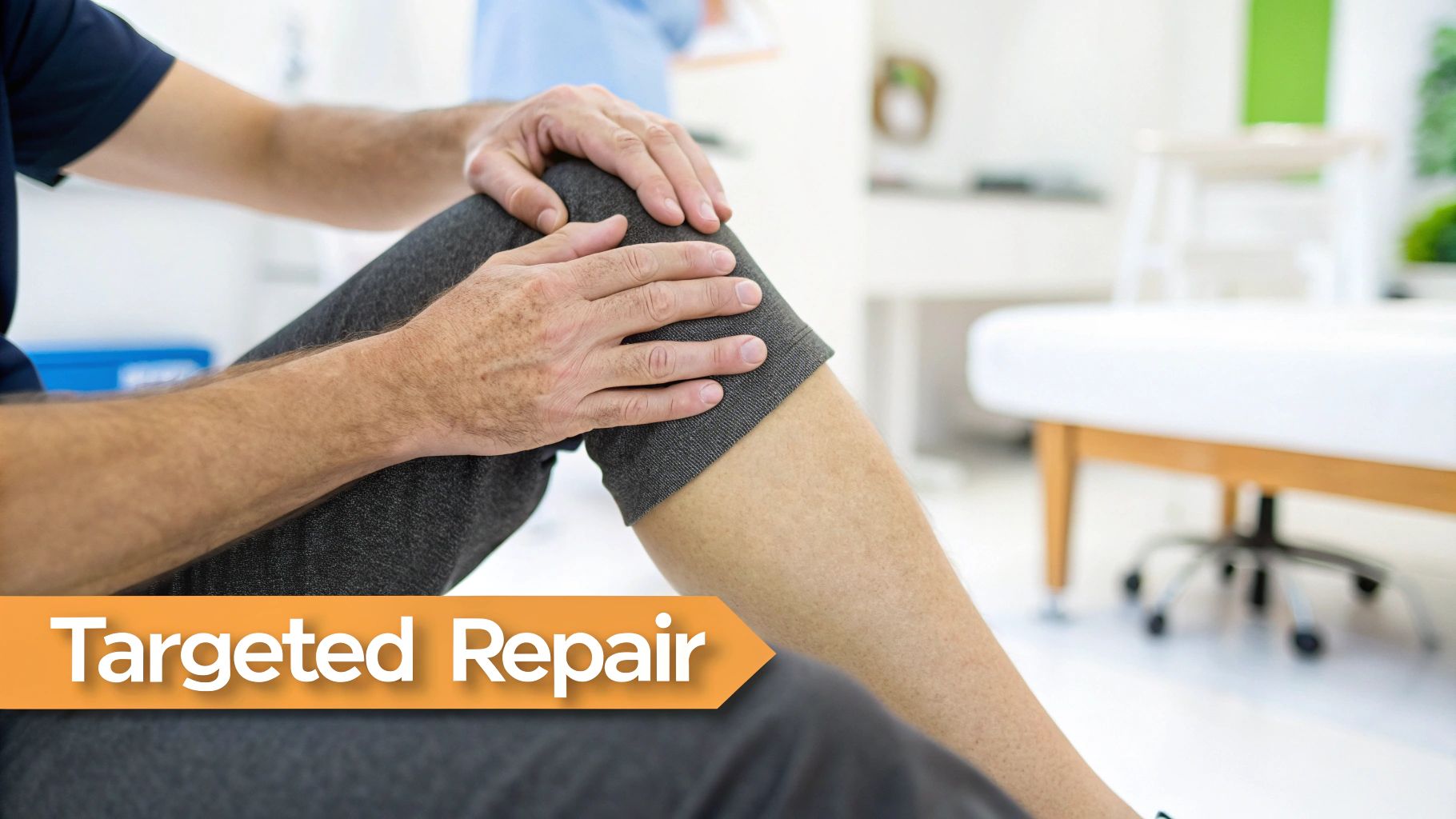 Man holding his knee in a medical clinic, indicating pain or joint recovery.