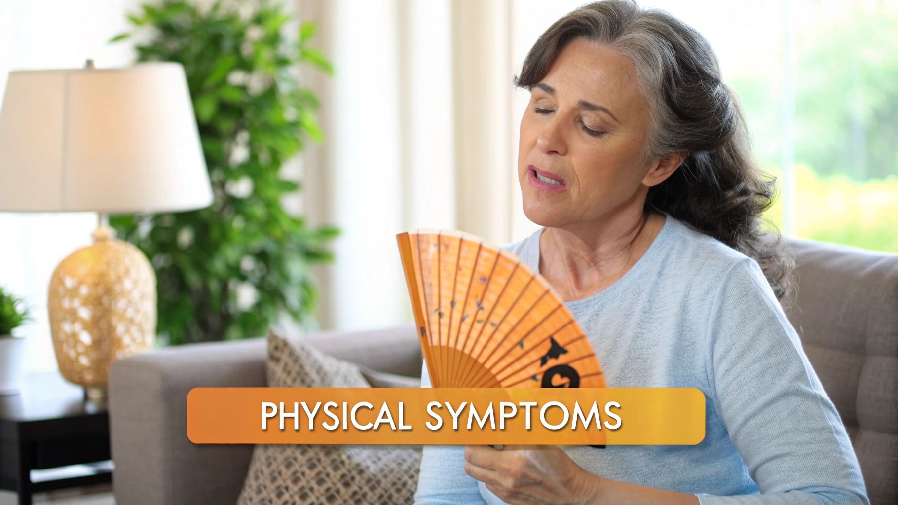 Woman experiencing a hot flash, fanning herself.
