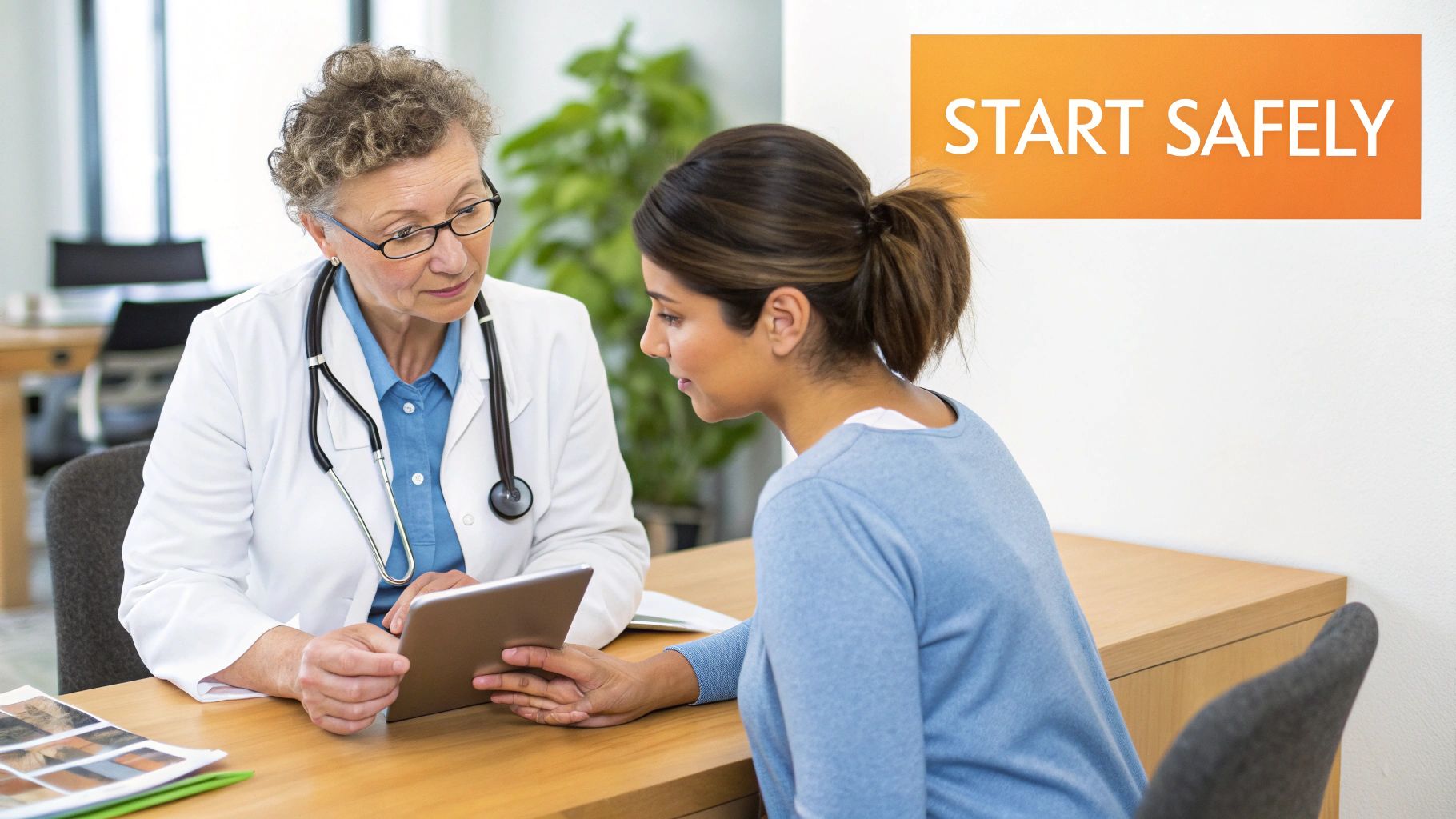 Doctor consulting with female patient about testosterone therapy and treatment options in modern medical office