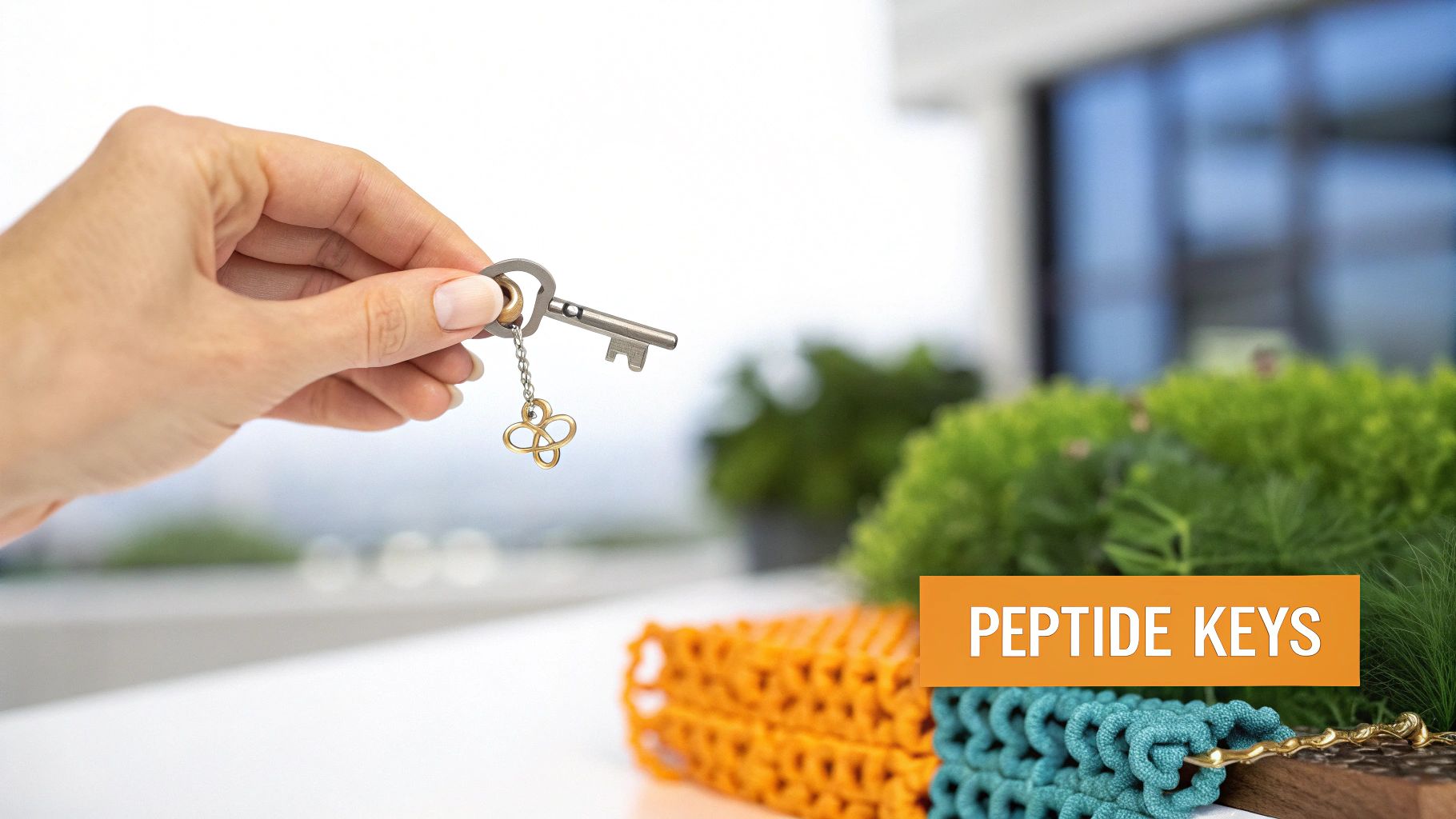 A hand extends a silver key with a golden charm, symbolizing 'PEPTIDE KEYS' in a modern setting.