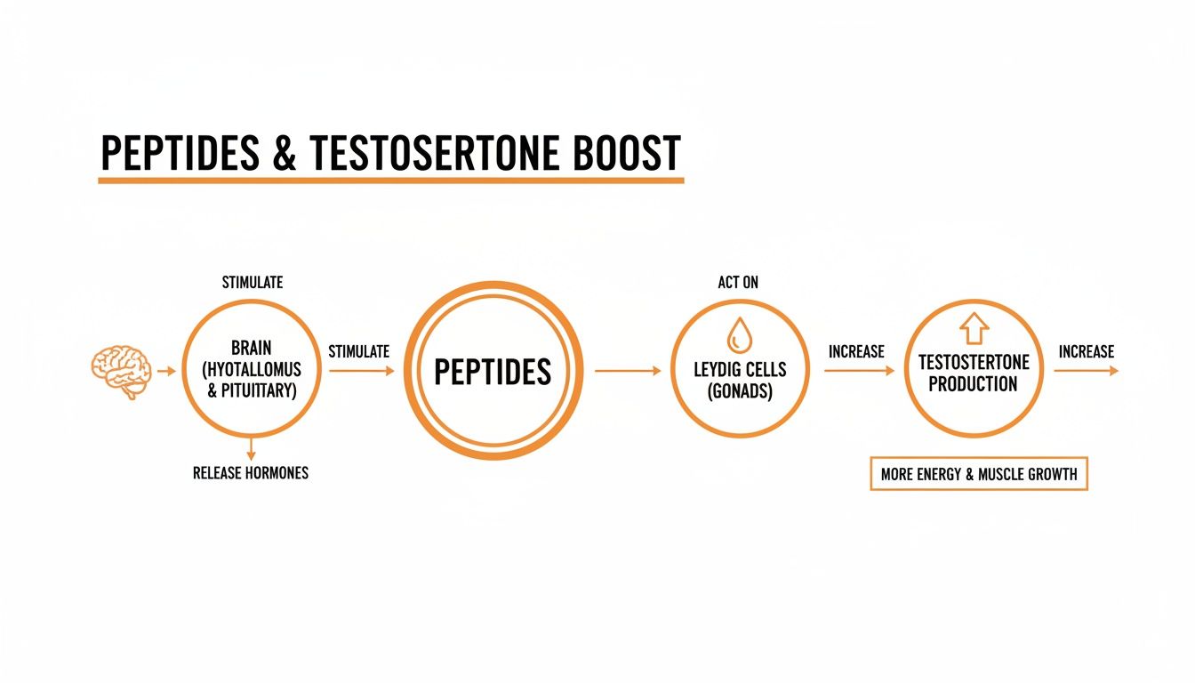 Diagram showing how peptides stimulate the brain and Leydig cells to increase testosterone production, leading to more energy and muscle growth.