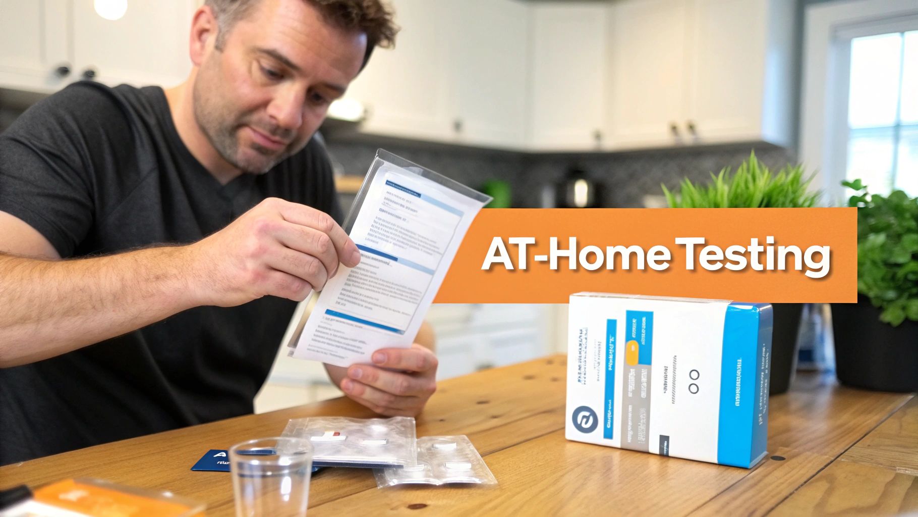Man reading instructions for an at-home testosterone test kit on a wooden table.