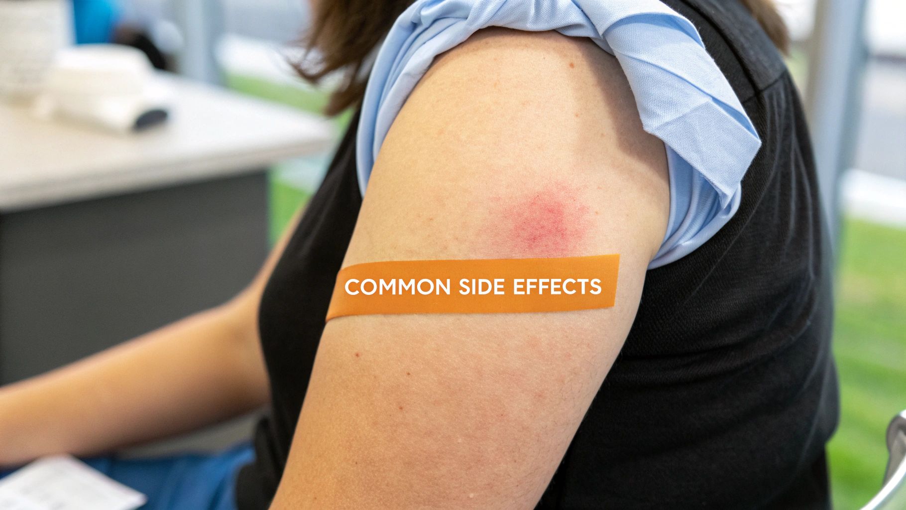 A person's upper arm displaying a red rash and an orange band with 'COMMON SIDE EFFECTS' visible after an injection.