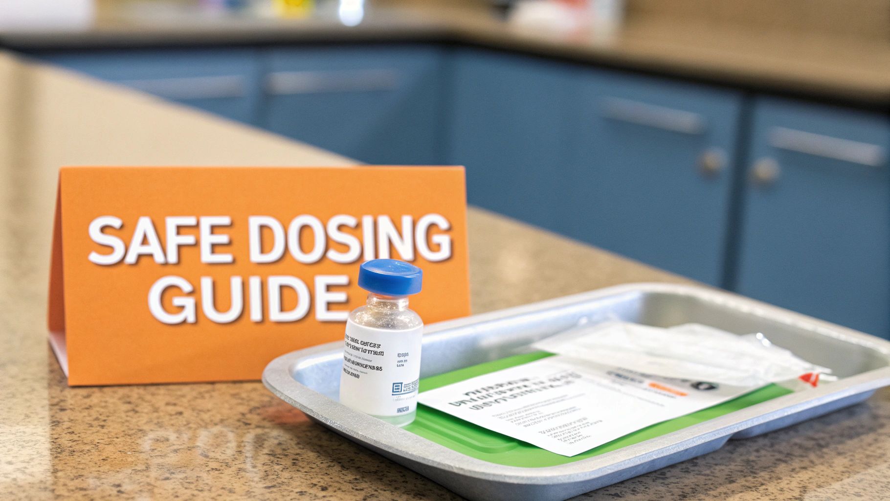 Close-up of a 'Safe Dosing Guide' sign, a medical vial, and tray with supplies.