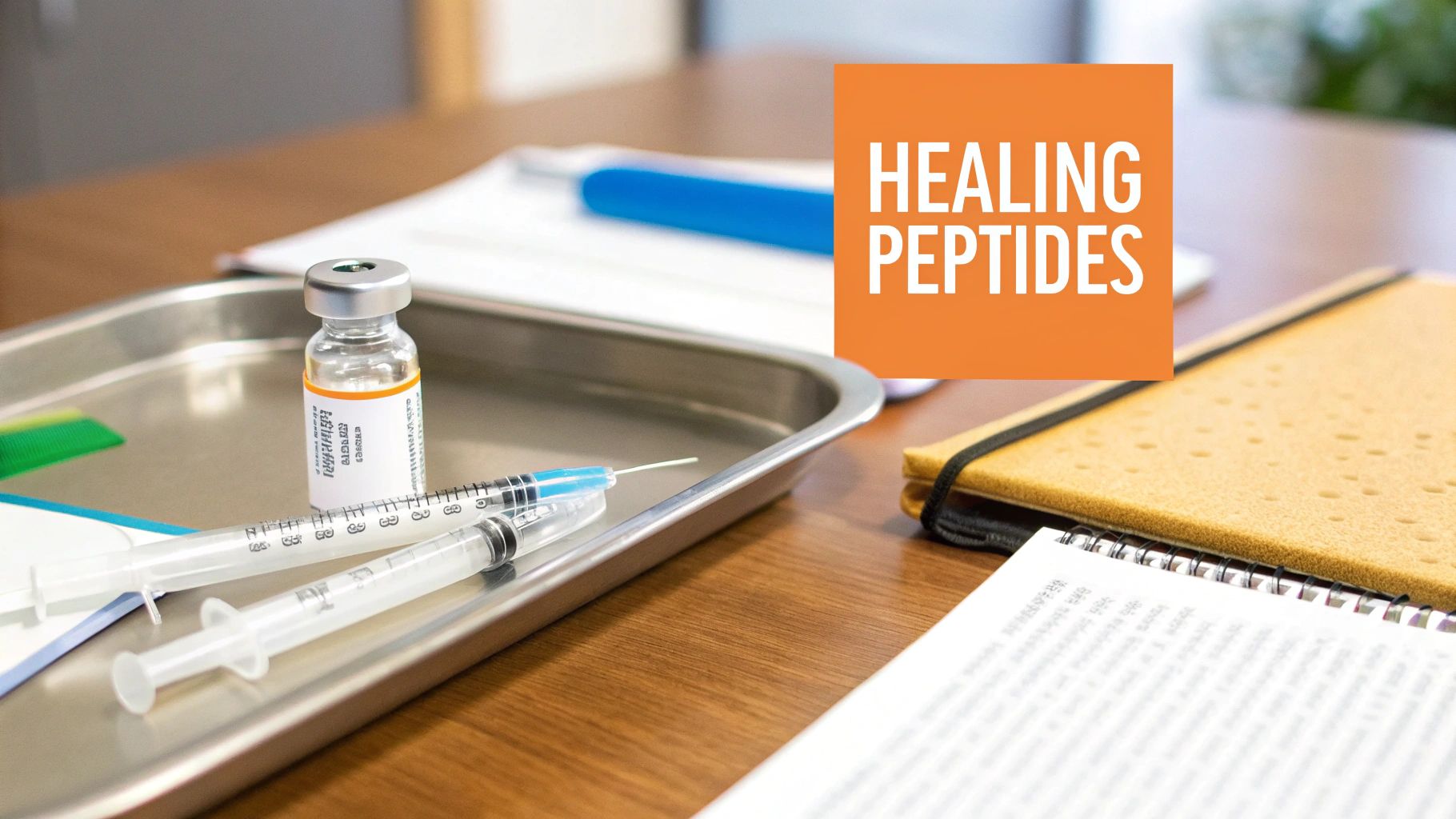 Medical tray with a vial of healing peptides and syringes, prepared for therapeutic treatment.