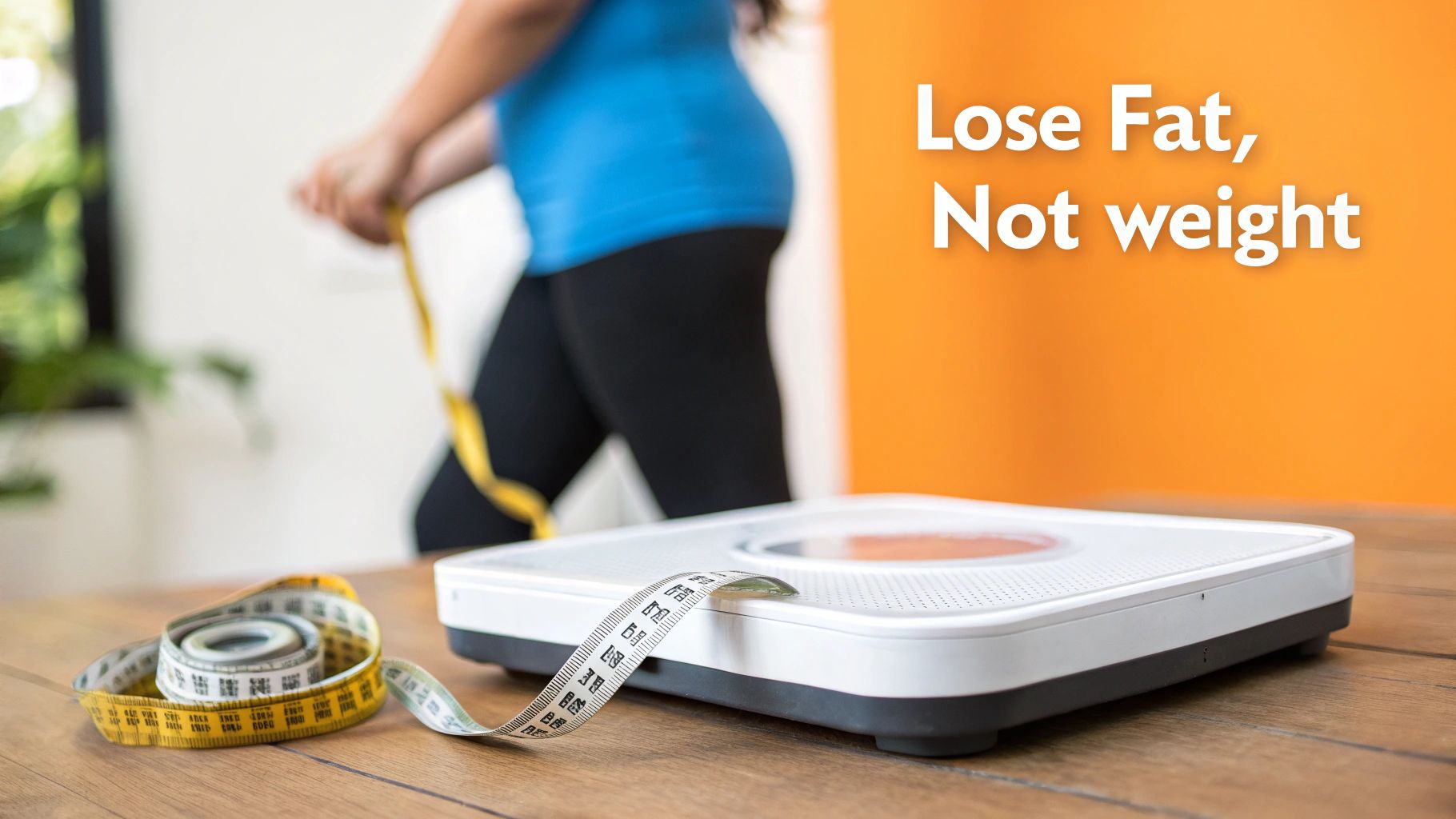 A person using a measuring tape to measure their waist, symbolizing tracking body composition changes rather than just weight.