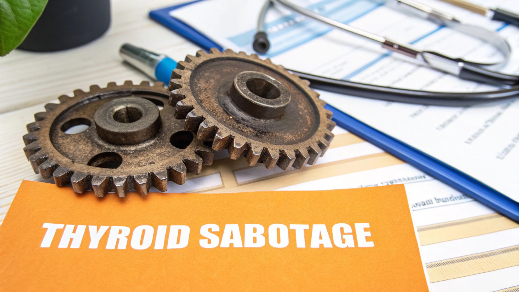 Two rusty gears on orange paper with 'THYROID SABOTAGE' text, beside a stethoscope and medical documents.