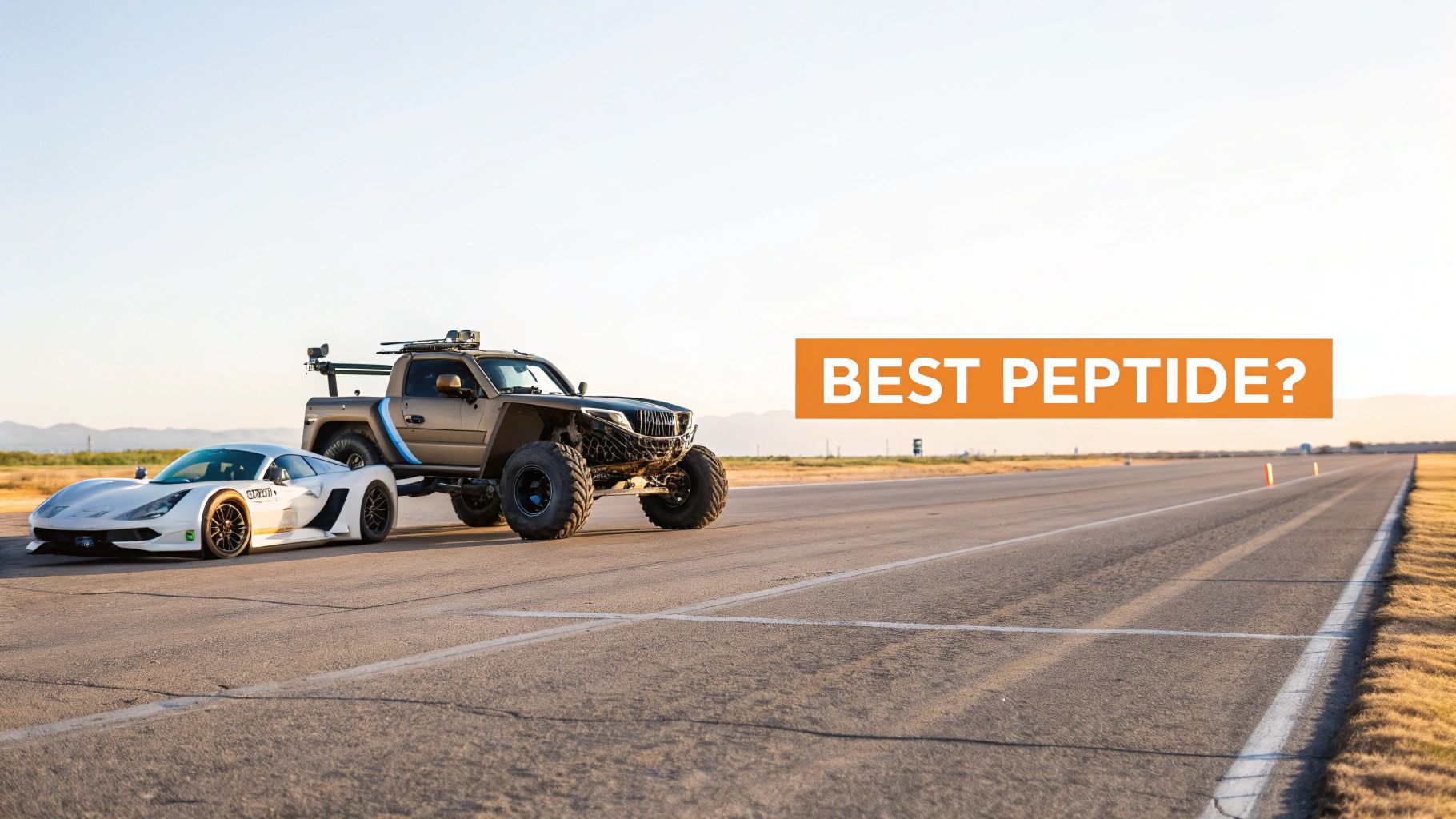 Sleek white sports car and rugged off-road truck parked on an open road, with 'BEST PEPTIDE?' text.