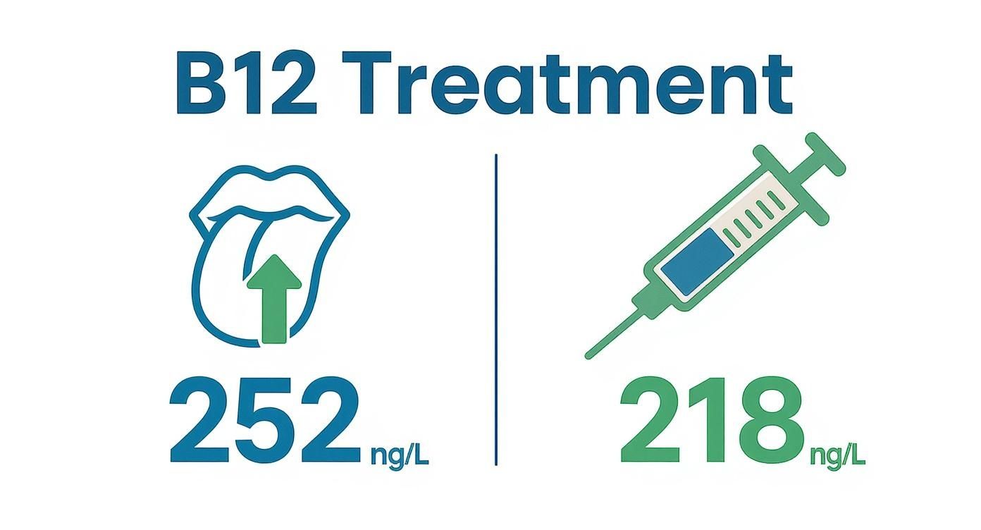 Infographic comparing the increase in serum B12 levels between sublingual supplements (252 ng/L) and intramuscular injections (218 ng/L).