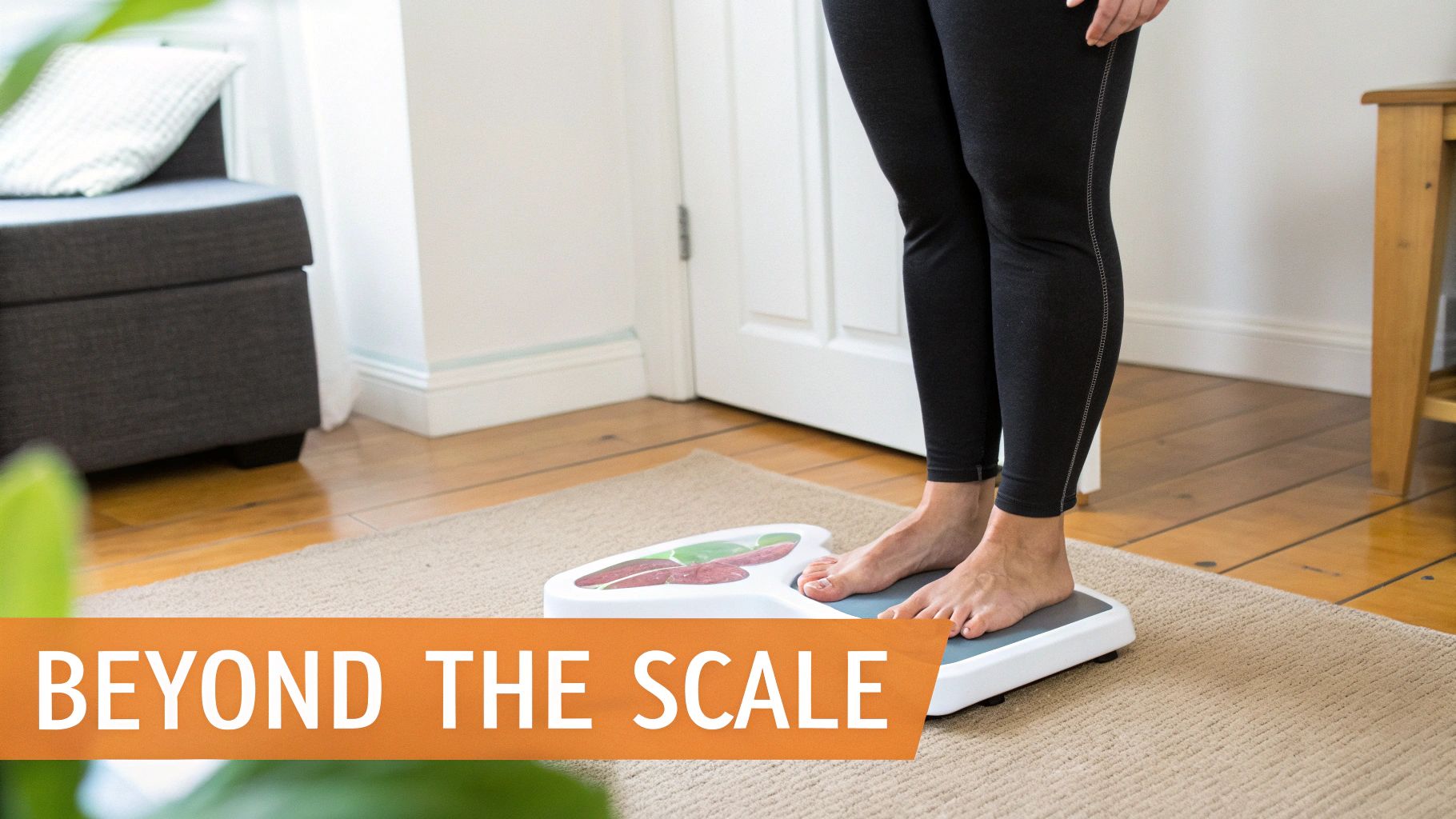 A person standing on a body composition scale, with graphics showing muscle and fat percentages.