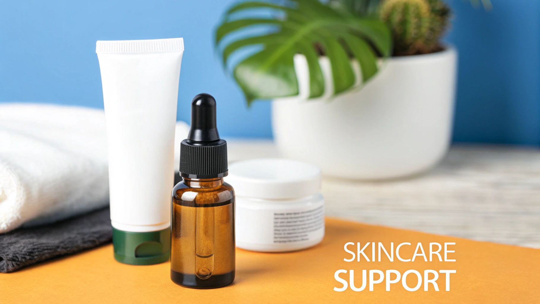 A collection of modern skincare bottles with droppers, creams, and serums.