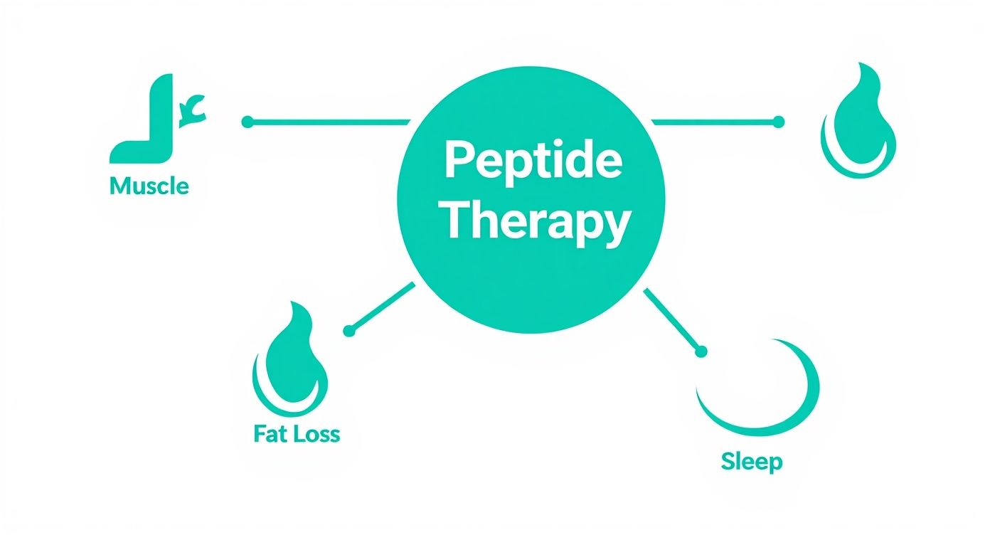Peptide therapy infographic showing connections to muscle growth, fat loss, and improved sleep benefits
