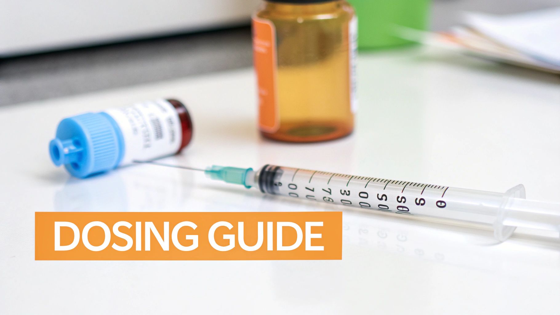A close-up of a syringe with a needle, a medication vial, and a 'DOSING GUIDE' text overlay on a white surface.