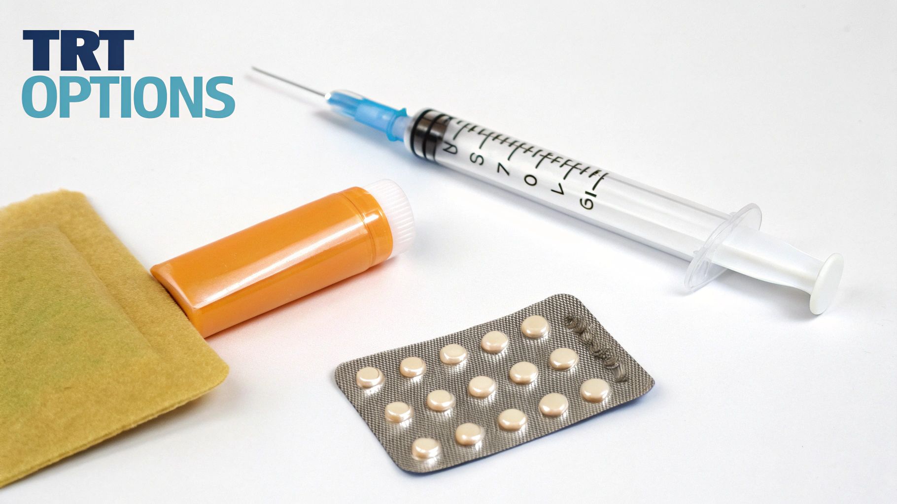 Various medical tools and vials, representing different TRT administration methods.