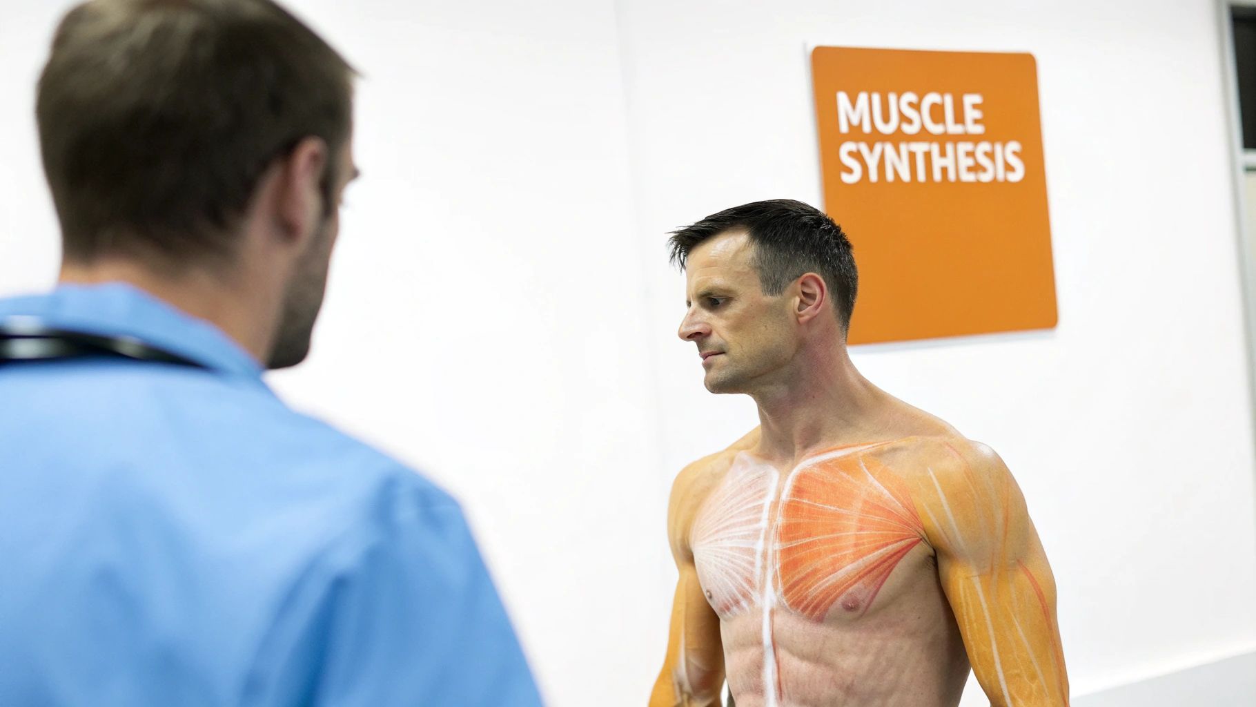 Man with detailed muscle markings on his chest and shoulder, in a medical or study setting.