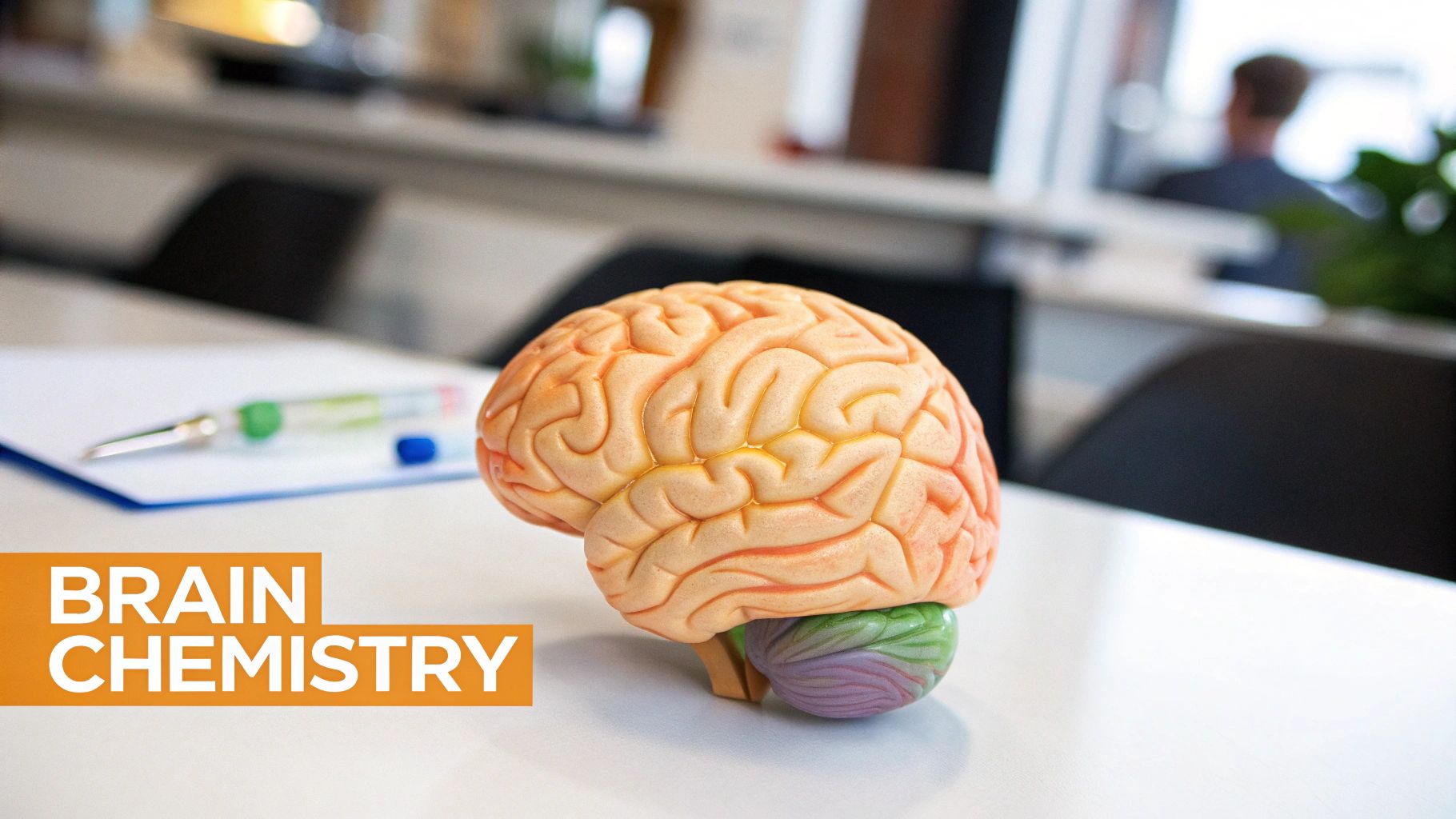A detailed anatomical model of a human brain resting on a white table in an office environment, with 'Brain Chemistry' text.