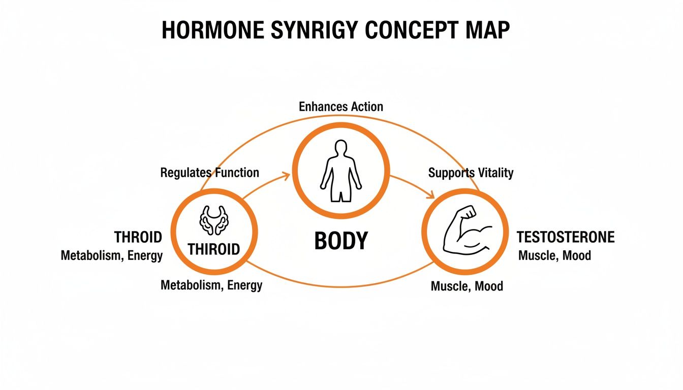 Concept map illustrating the synergistic relationship between thyroid, testosterone, and the human body for overall health and function.
