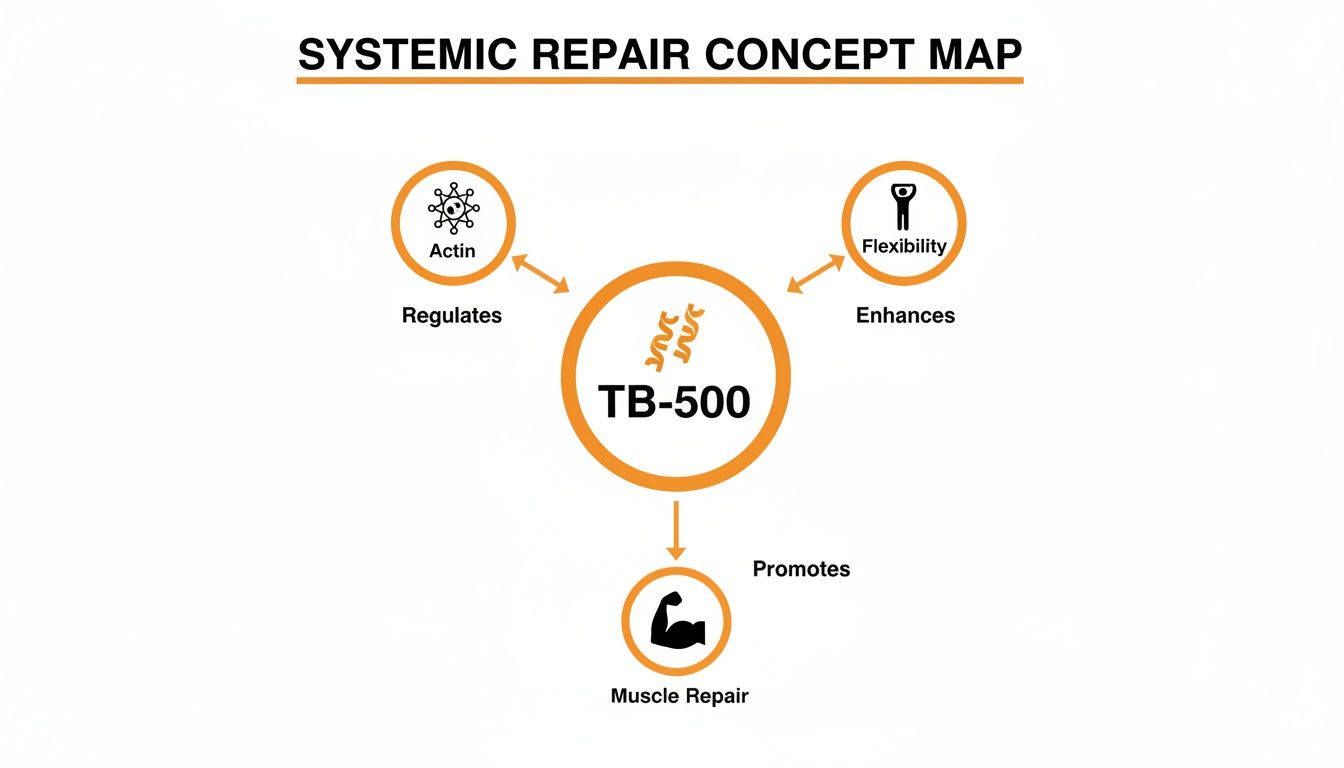 Concept map showing TB-500 regulates Actin, enhances Flexibility, and promotes Muscle Repair.