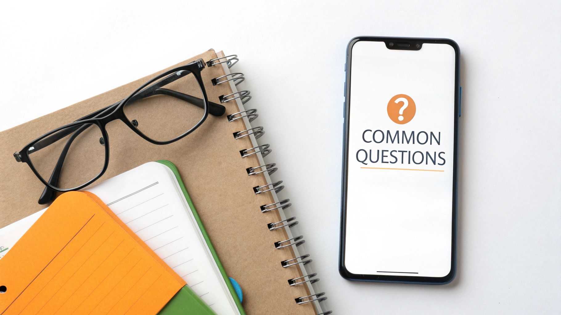 Overhead view of a smartphone displaying 'COMMON QUESTIONS', surrounded by notebooks and reading glasses.