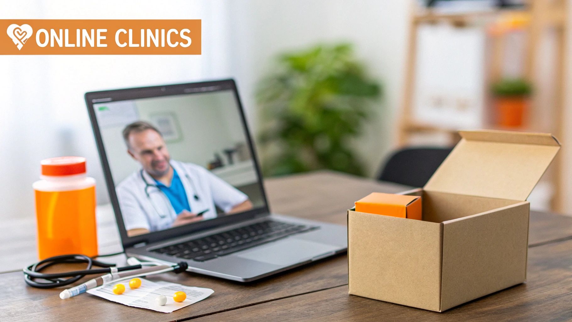 Telemedicine setup with a doctor on a laptop video call, medical supplies, and a home delivery box.