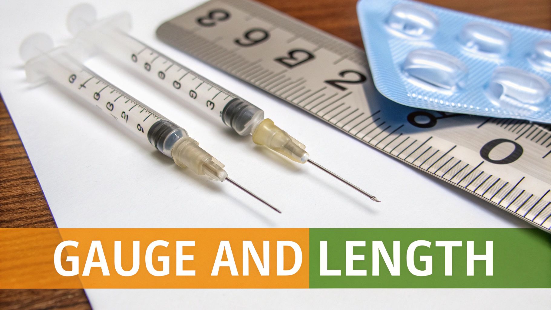 Two medical syringes with needles, a ruler, and a blister pack of pills, with 'GAUGE AND LENGTH' overlay.