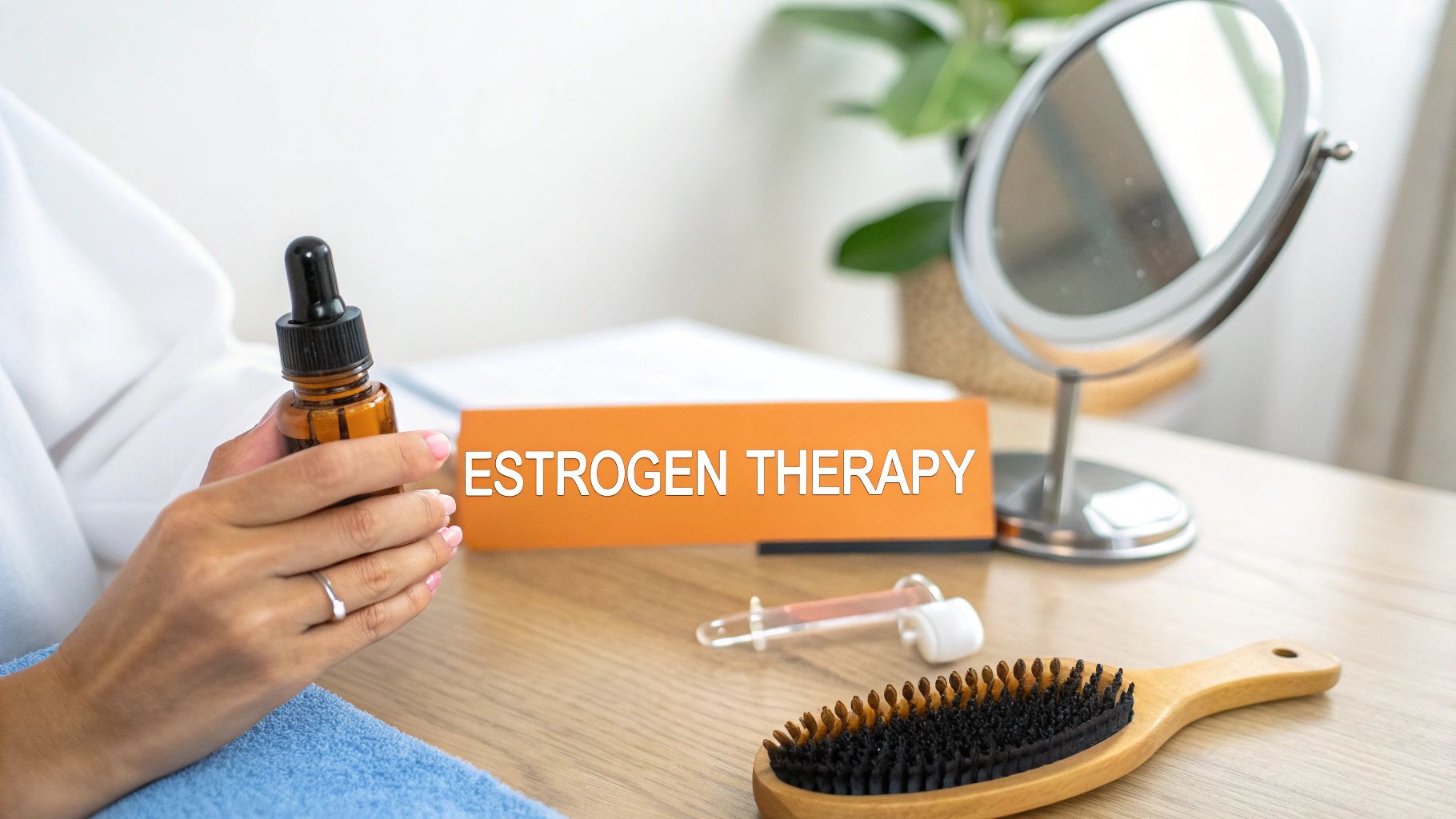 A person holds a dropper bottle, with an 'Estrogen Therapy' sign and a hairbrush on a wooden table.
