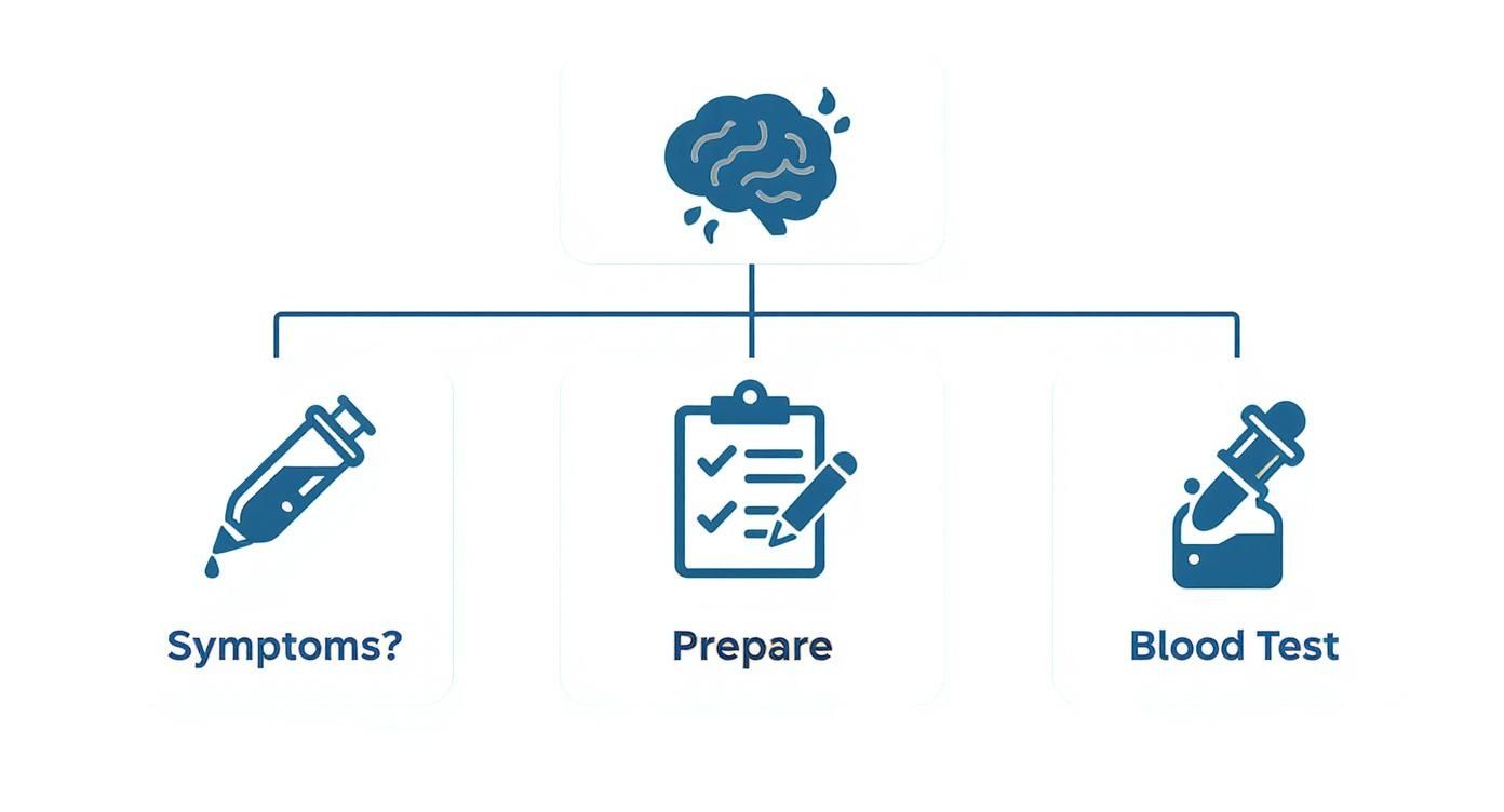 Flowchart showing a brain icon connected to symptoms, preparation, and a blood test for health assessment.
