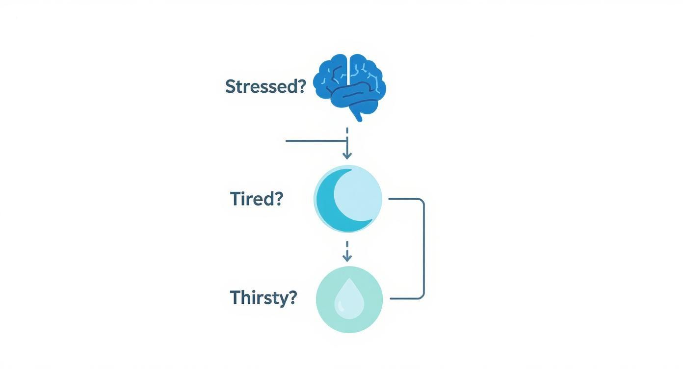 An infographic decision tree showing icons for stress, sleep, and hydration as factors to check when progress stalls.