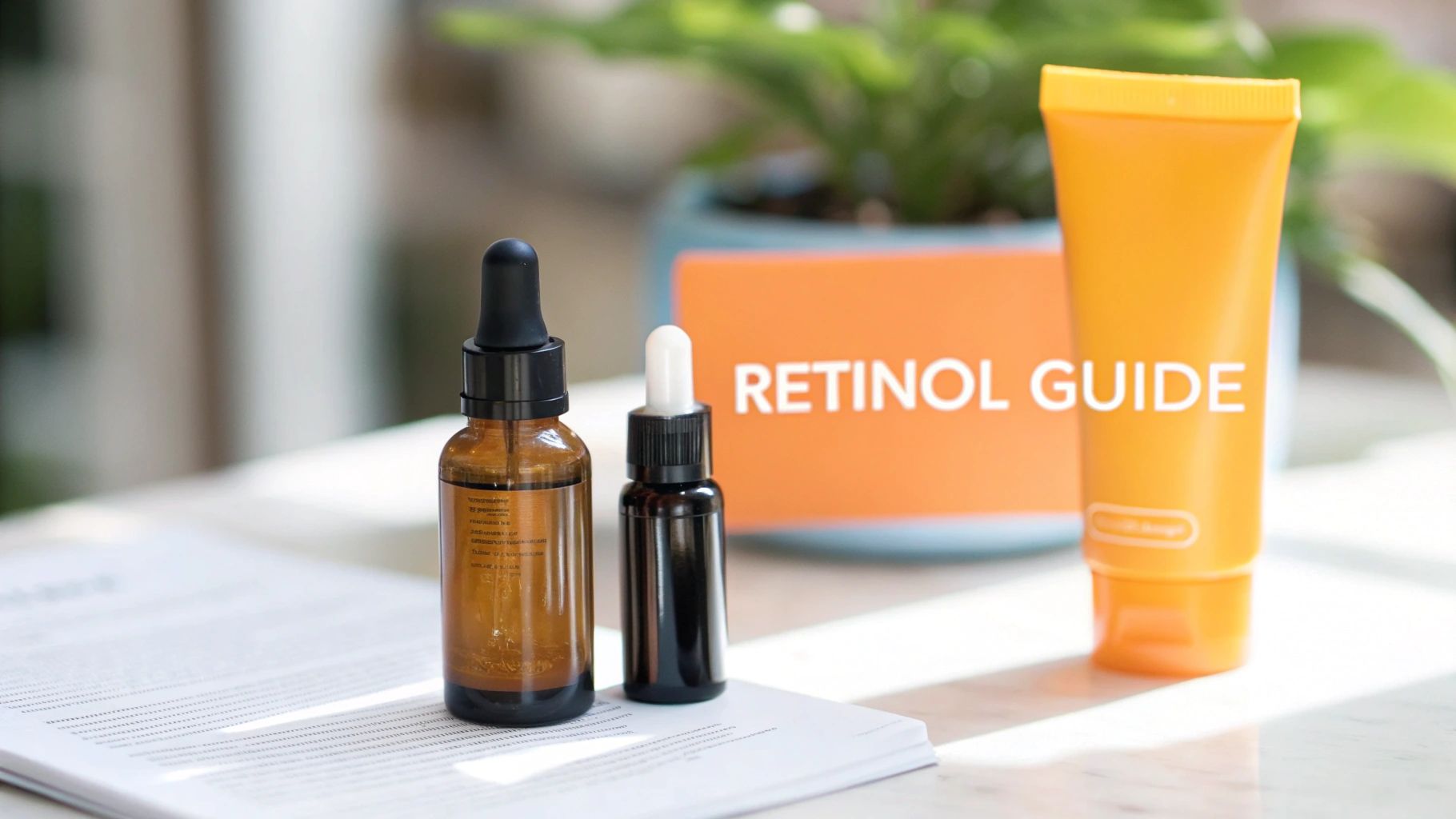 Three skincare products, including two dropper bottles and a cream tube, with a 'Retinol Guide' sign.