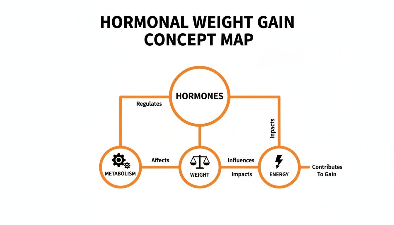 A concept map showing how hormones regulate metabolism, affect weight, and impact energy, contributing to weight gain.