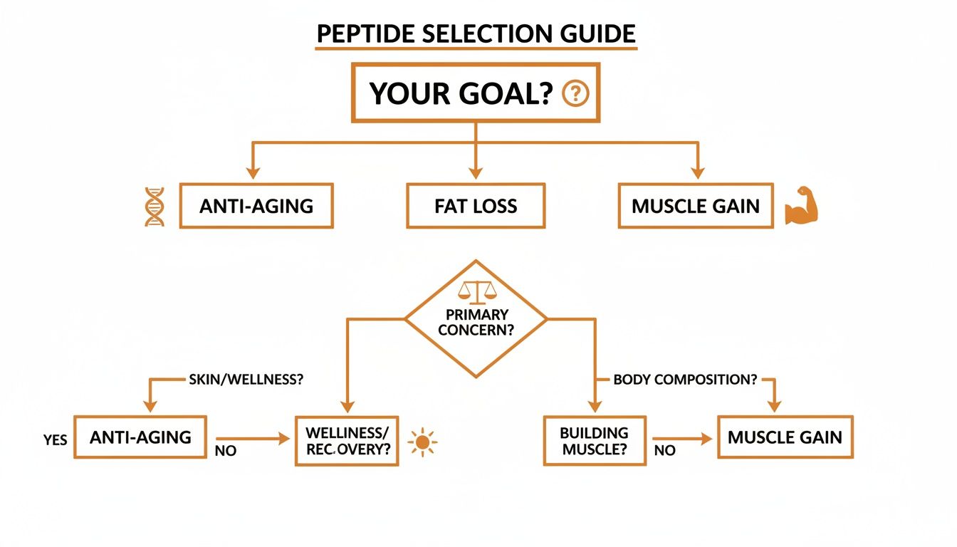 A flowchart titled 'Peptide Selection Guide' guiding users based on goals like anti-aging, fat loss, or muscle gain.