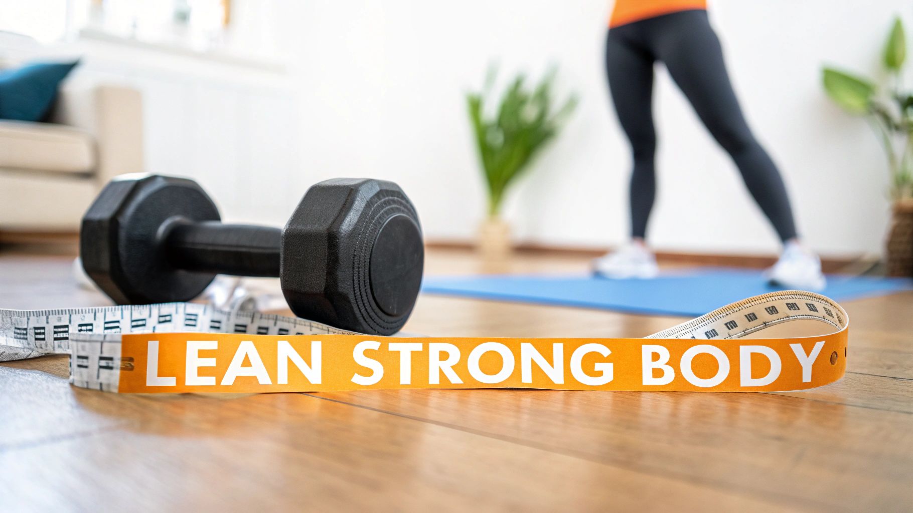 Home workout equipment with dumbbells and measuring tape promoting lean strong body fitness goals