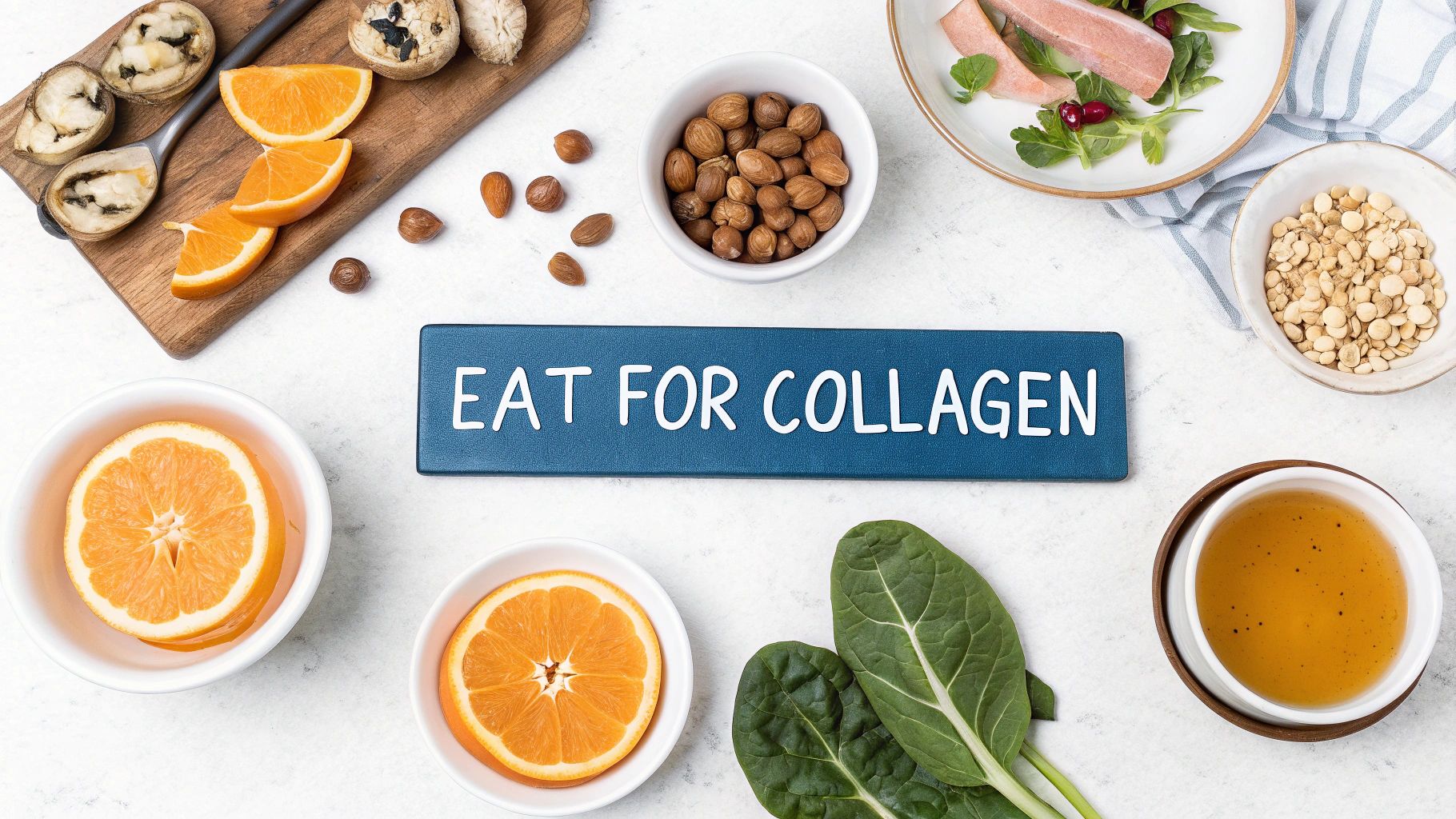 Image of vibrant foods like citrus, berries, and fish arranged neatly.