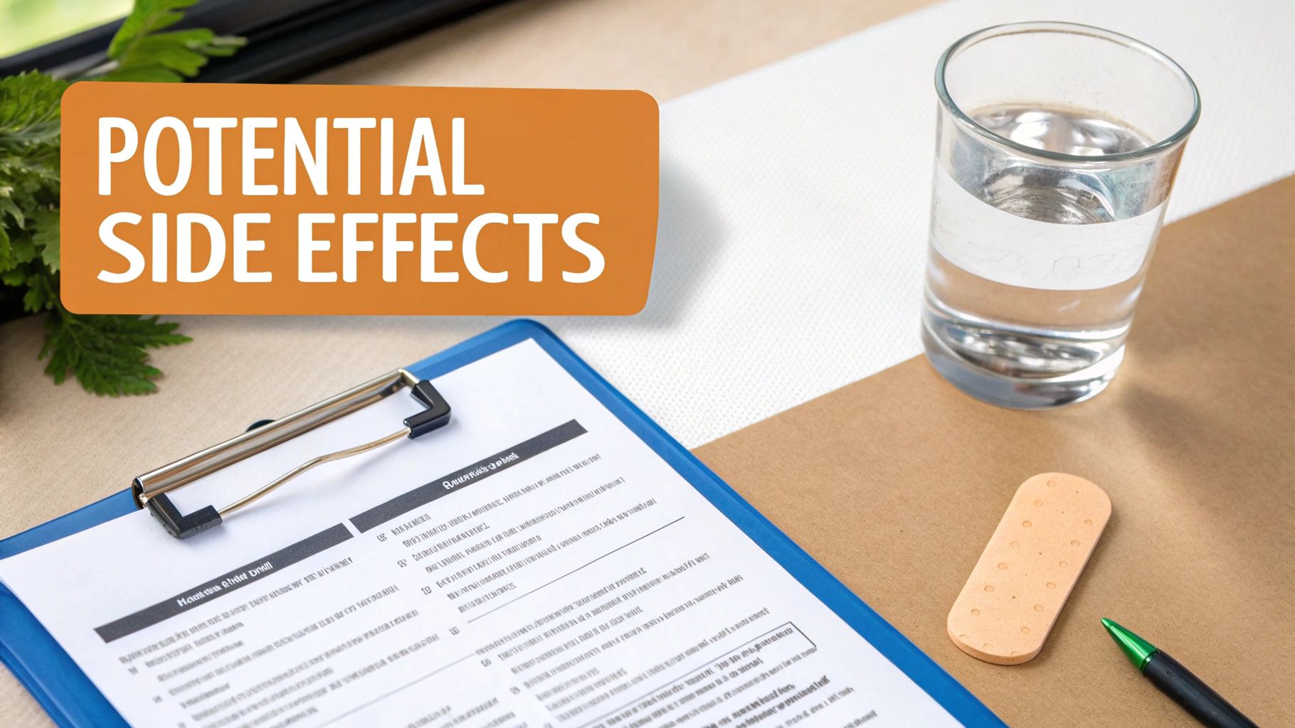 Medical document on a clipboard with 'POTENTIAL SIDE EFFECTS' sign, water glass, and band-aid.