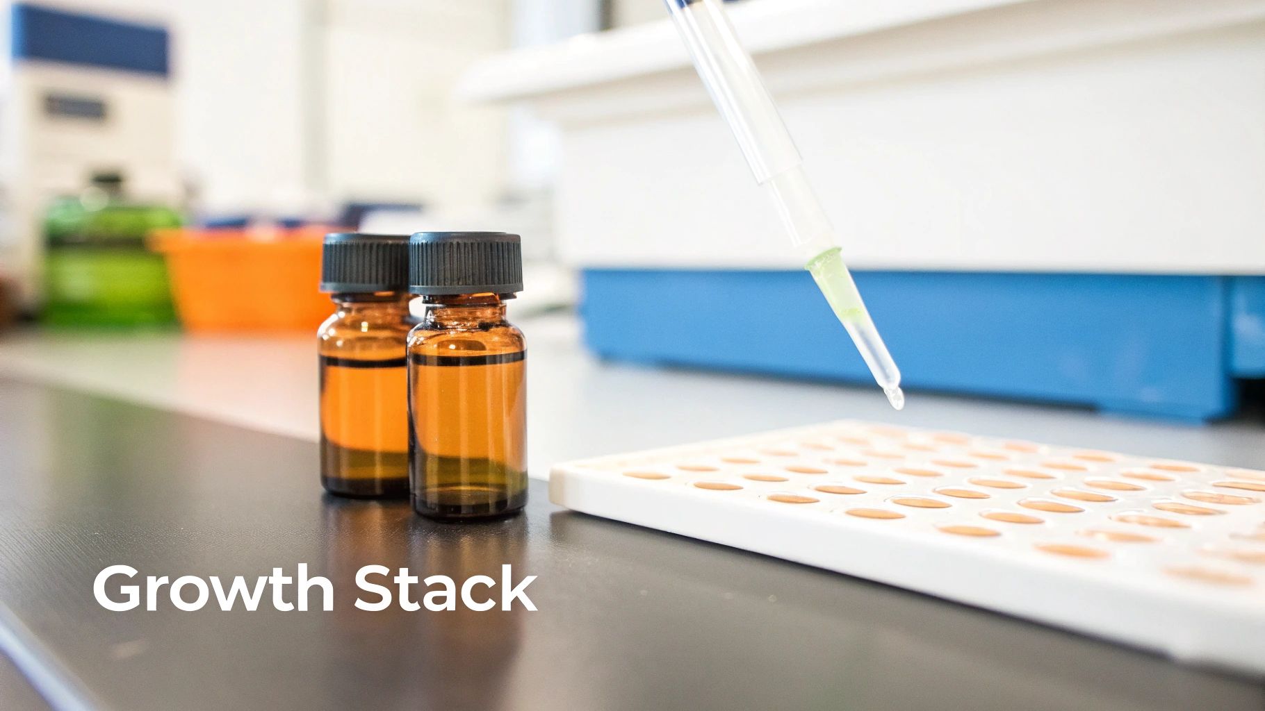 Laboratory scene with a pipette dropping liquid into a well plate, next to two amber vials.
