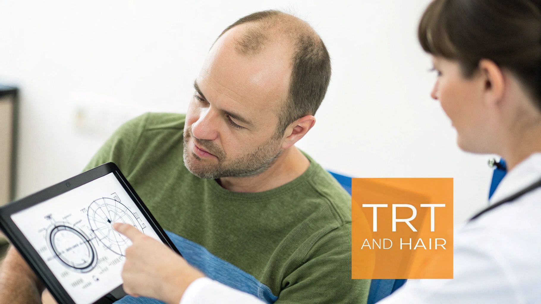 A man with balding hair consults a doctor, who points to a diagram on a tablet.