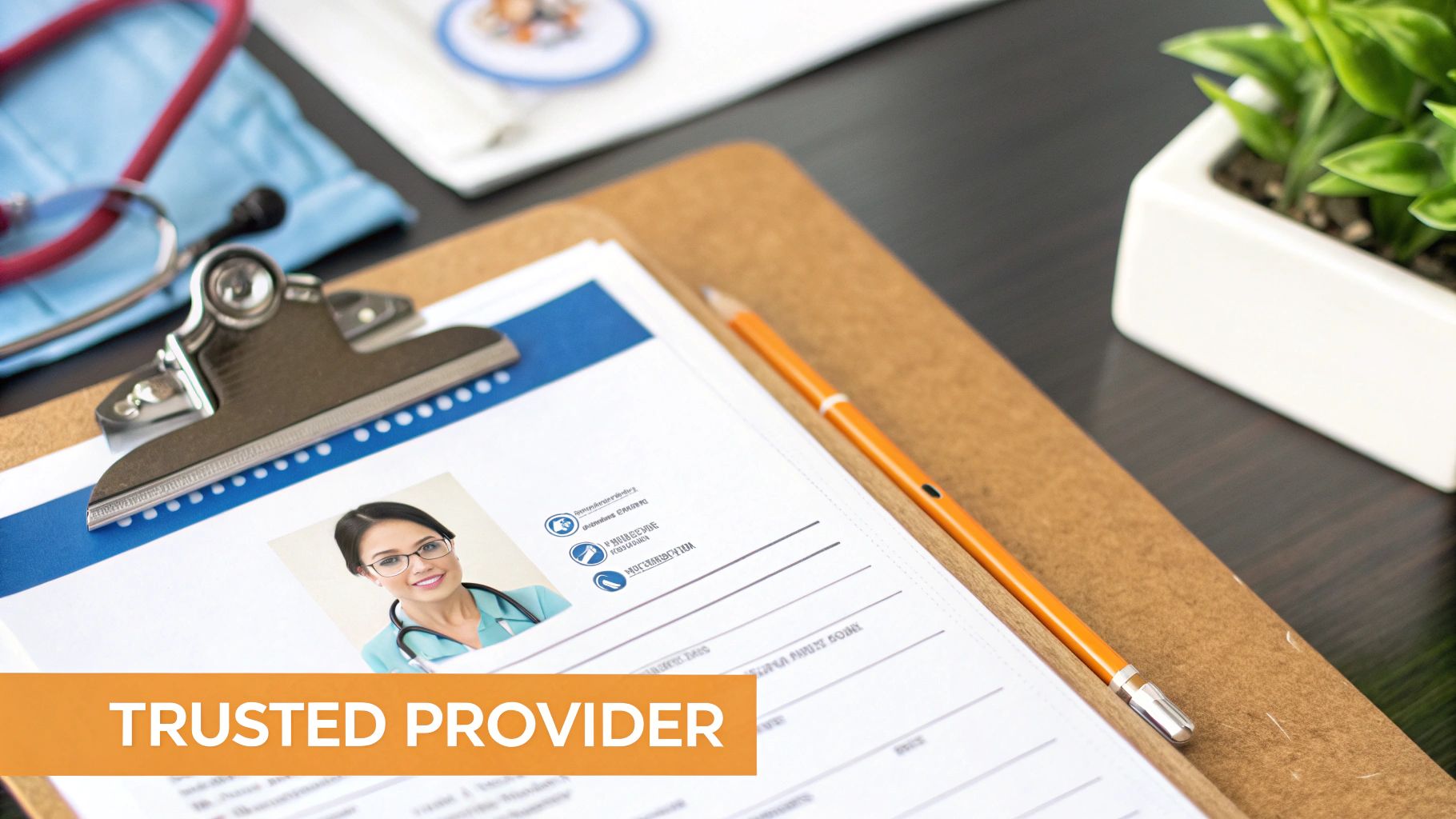 A medical form with a doctor's photo on a clipboard, alongside a stethoscope and plant, with 'TRUSTED PROVIDER' text.