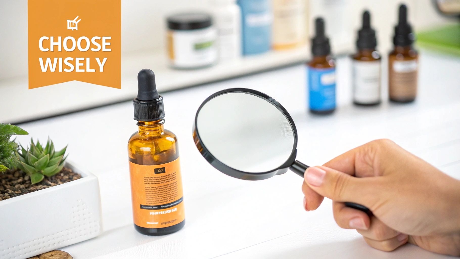 Hand examining a dropper bottle with a magnifying glass to 'CHOOSE WISELY', surrounded by other health products.