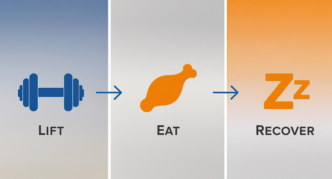 A three-step diagram showing the fitness cycle: Lift (dumbbell), Eat (chicken leg), and Recover (Zz).