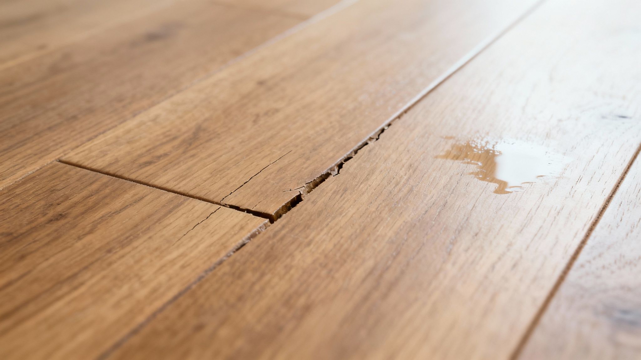 Close-up of a damaged wooden floor with a significant crack along a plank and a small water spill.
