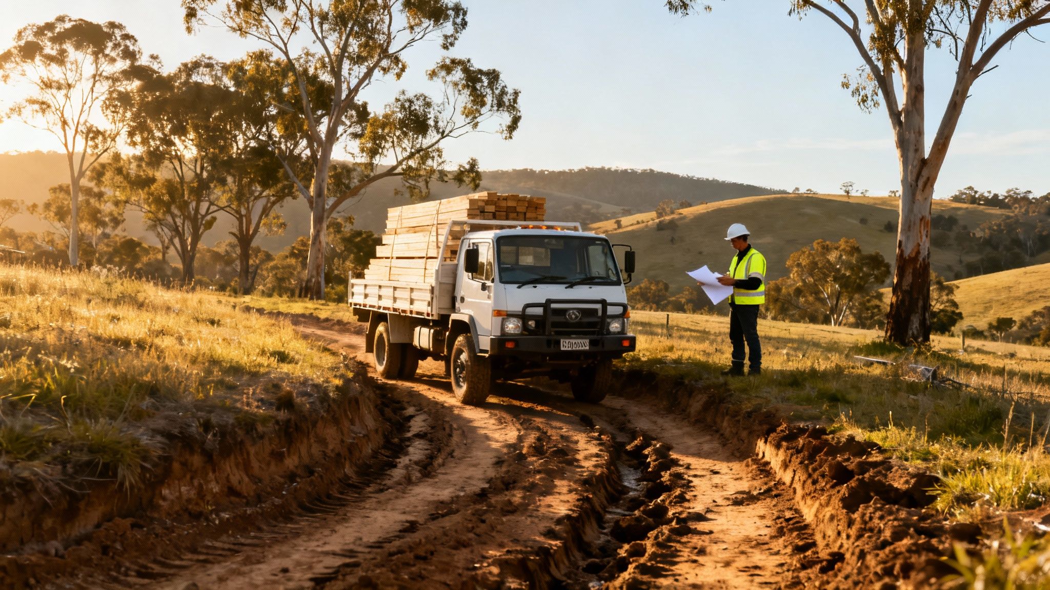 A construction worker in a hard hat reviews blueprints next to a truck carrying lumber on a rural dirt road.